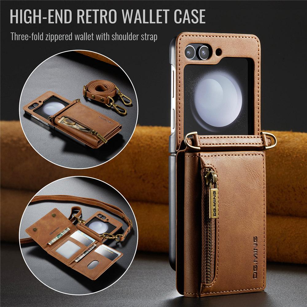 Vintage Lanyard Leather Wallet Case For Samsung Galaxy Z Flip 6 Flip 5 Flip 4 3 Credit Cards Slot Phone Cover