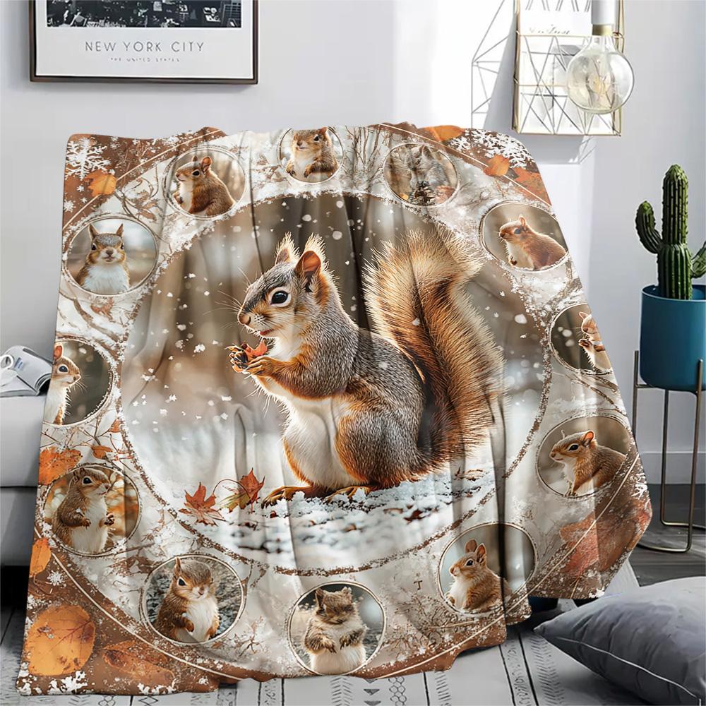 Squirrel Print Flannel Blanket, High quality Comfortable for All Seasons, Home Decor, Warmth and Comfort, Perfect for Christmas Gifts