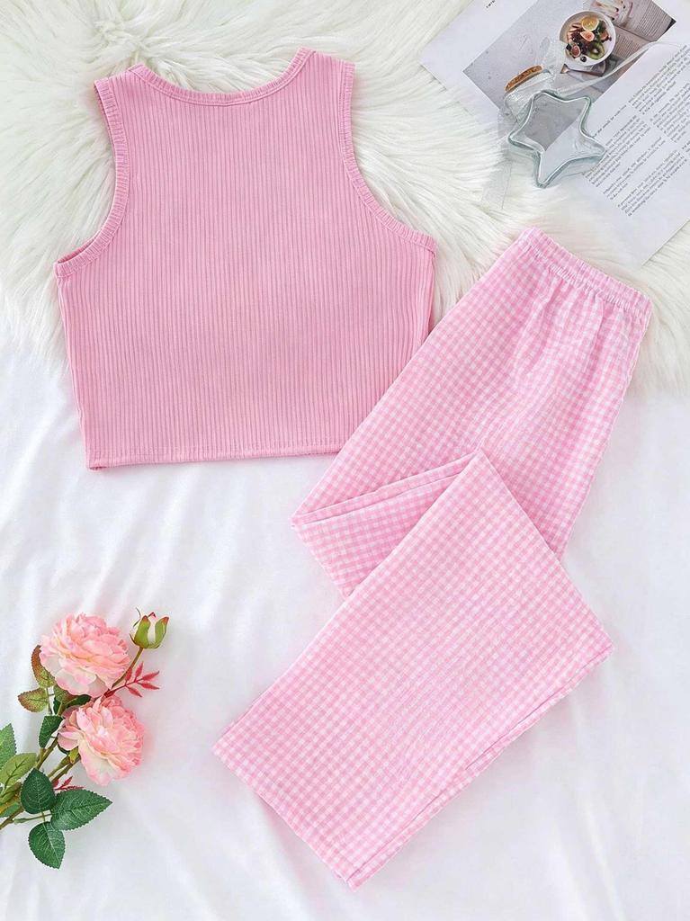 Girls Pajama Set, Sleeveless Cat Print Tank Top & Plaid Pants, Soft Ribbed Loungewear Sleepwear for Kids 8-12 Years