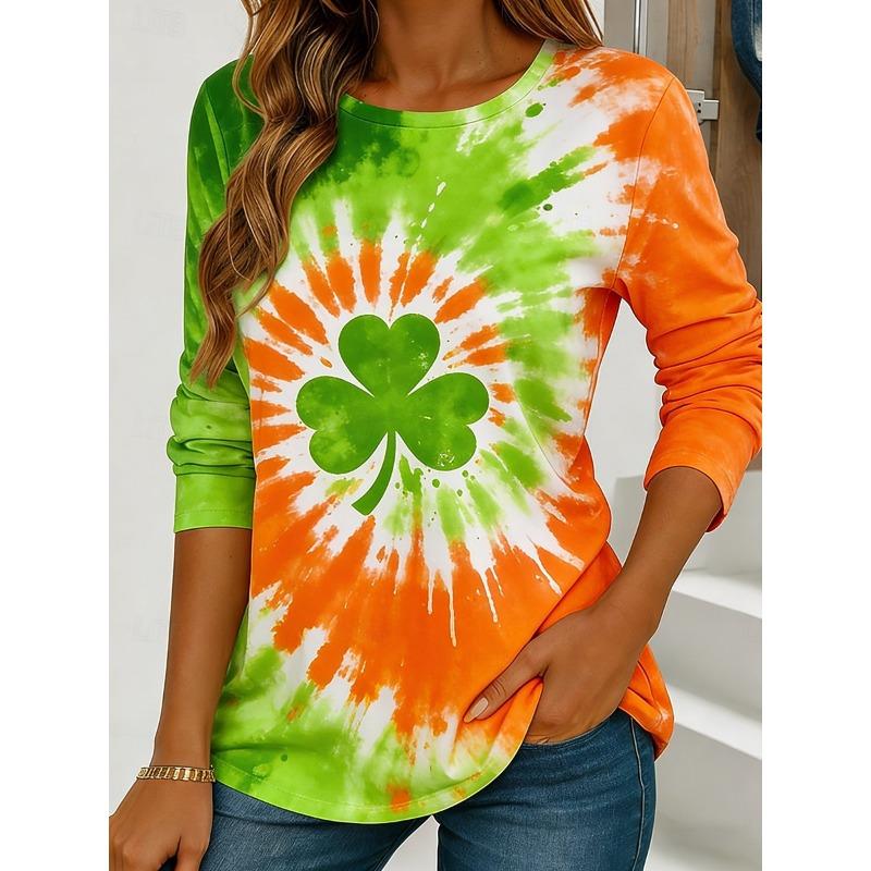 St.Patrick’s Day Green Lucky Clover Element Women's Long-sleeved T-shirt 3D Print Round Neck Festival Women Clothing Tops Tees