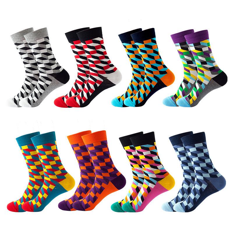 49 Patterns Fashion Business Men 100% Cotton Happy Lattice Socks Unisex Boys Combed Hip Hop Street Skateboard Funny High Sox Set
