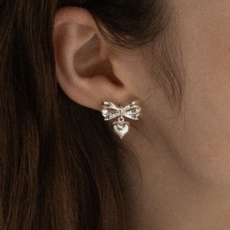 BEFORE MOONRISE [Silver 925] Ribbon Dangle Heart Earrings SE221 - Silver