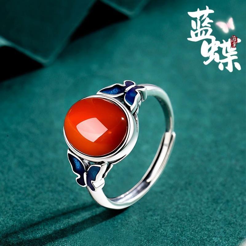 Adjustable Open Ring Women Men Vintage Butterfly Motif Enamel Red Agate Bohemian Style Copper Jewelry