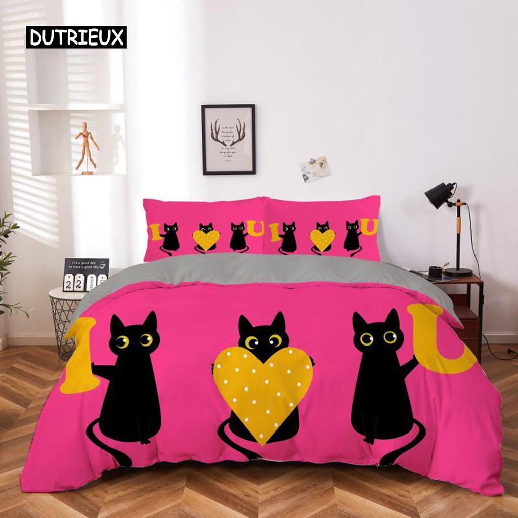 Cartoon Katze Bettbezug Set Mikrofaser Schwarzes Kätzchen Gelbes Liebesherz Muster Bettwäsche Set 2/3-teilig Queen King Size Bettdeckenbezug