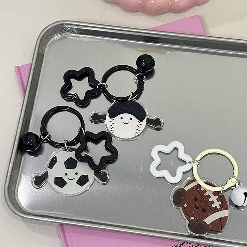 Cute Cartoon Ball Bell Star Keychain Pendant Badminton Table Tennis Football Rugby Bag Hanging Ornaments Keyring Decoration Gift