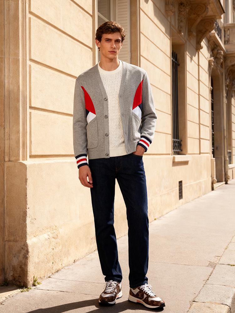 Spring & Autumn Cotton Cardigan: Trendy Red, White & Blue Patchwork Jacket for Couples (B05)