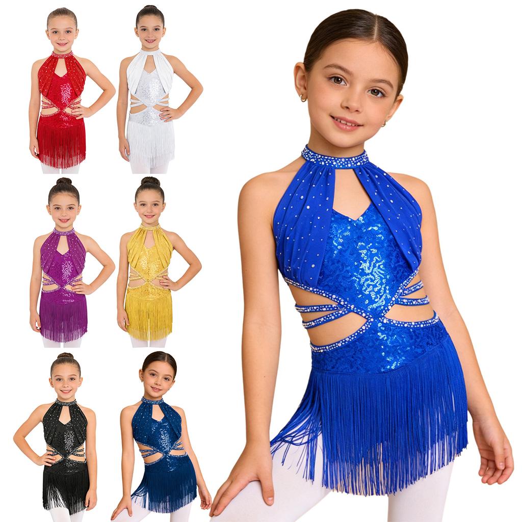 Dziewczęca Sukienka do Tańca Latynoamerykańskiego Bez Rękawów Marszczona Siateczkowa Góra Wycięcie w Talii Paski Błyszczące Frędzle Cyrkonie Płatki Sequins Body