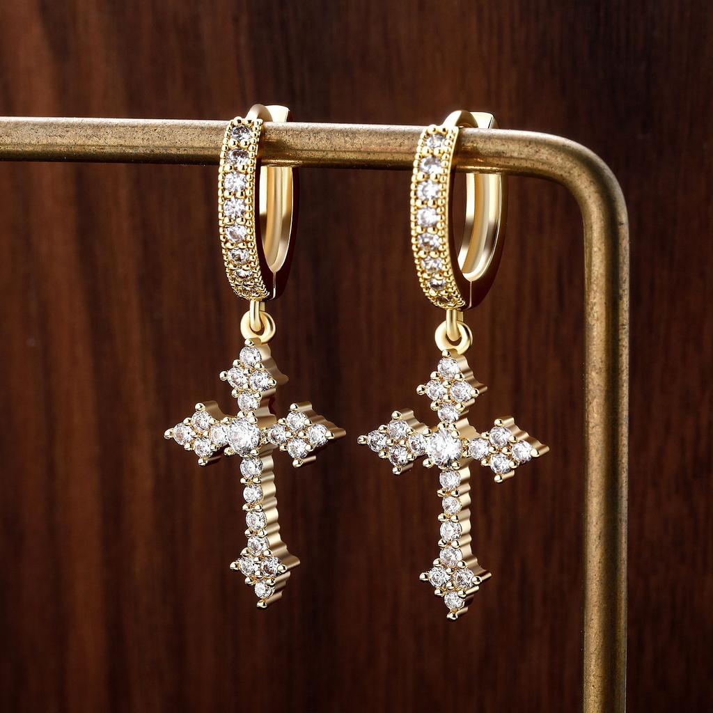 Zirconia Cross Earrings for Men and Women, Unique Stud Earrings, Trendy Hip-Hop Hoop Earrings