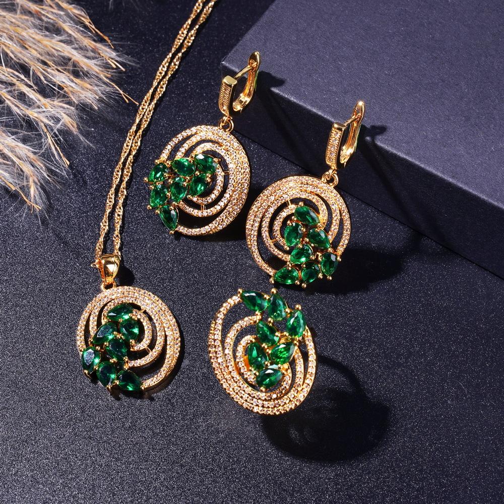 New Golden Color Wedding Jewelry Sets For Women Green Zirconia Bracelet Earrings Necklace Pendant Open Ring Christmas Gifts