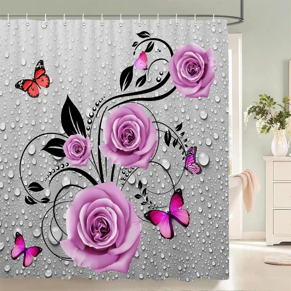 Blue Rose Plant with Floral Bathroom Decoration Shower Curtain with Hooks