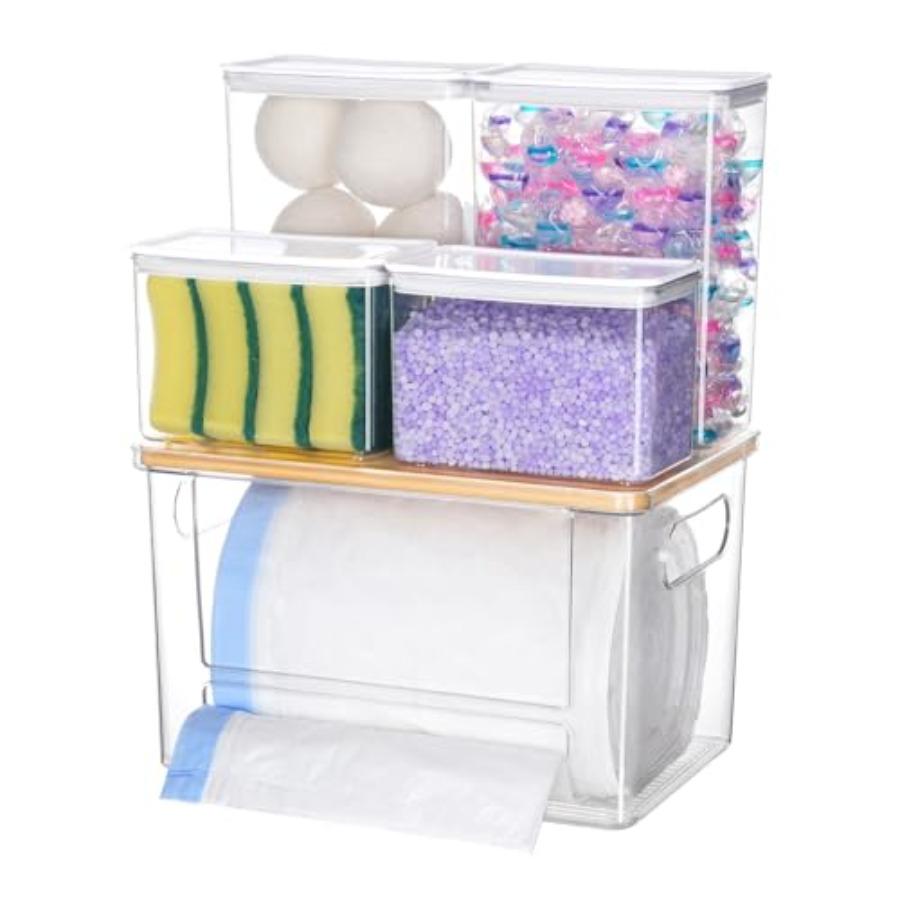 

5 in 1 Under Sink Organizer Acrylic Trash Bag Dispenser for Kitchen Pantry Laundry Room with Dishwasher Pods and Laundry Deterg United States