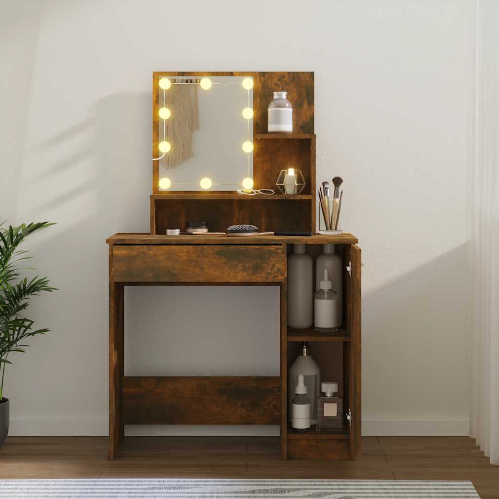 Makeup Table with LED Smoke Oak Finish 86.5 x 35 x 136 cm