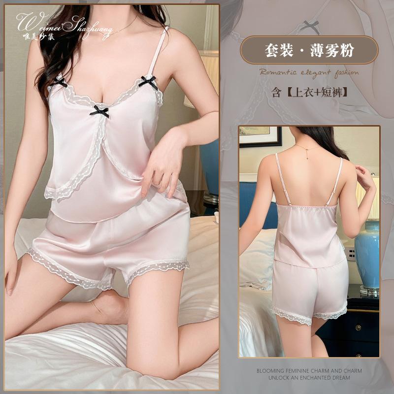 Beautiful yarn ice silk set deep V sexy lace suspender shorts two-piece set sweet suit set