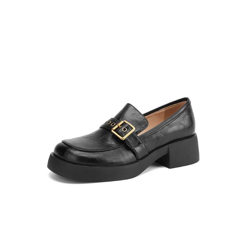 Krazing Pot Cow Skin Autumn Winter Shoes Chunky Heels Size 43 Size 42 Round Toe Slip on Metal Buckle Deep Mouth Pumps