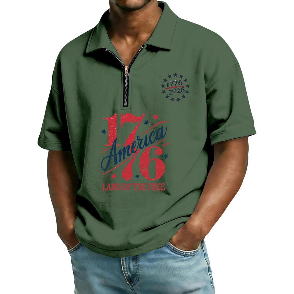 Men's Casual Loose Fit Polo Shirt Short Sleeve Zipper Front Independent Day Printed Design Comfortable Lightweight Top