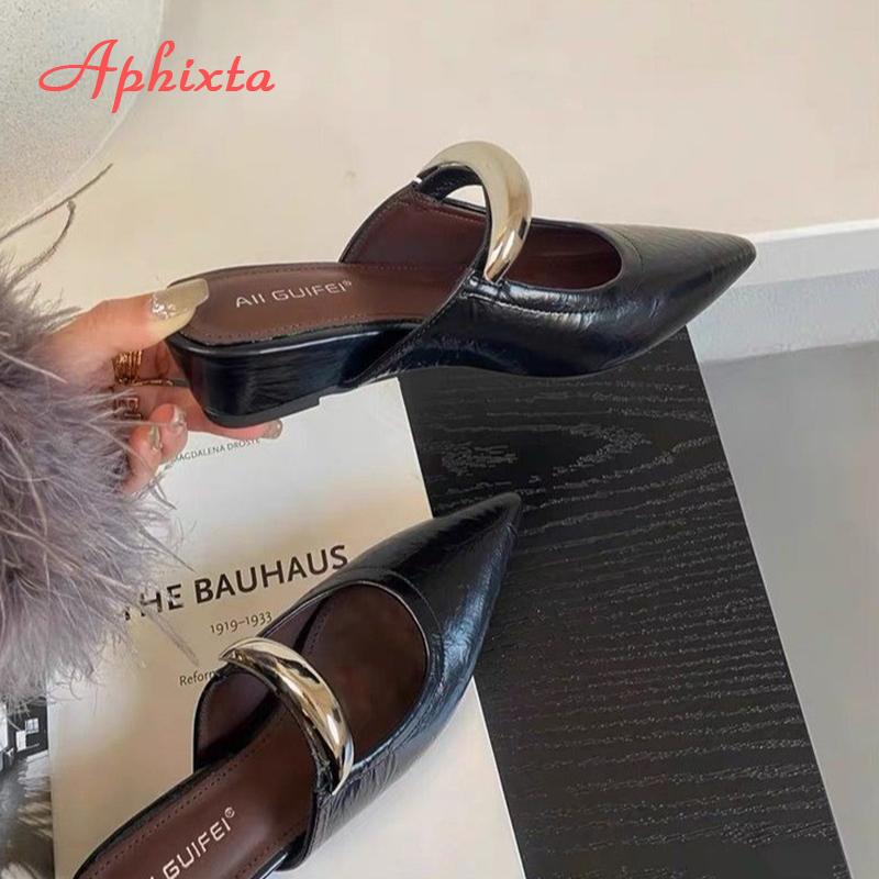 Fashion Aphixta Concise Metal Dec Fashion Summer Shoes Woman Low Heel Women Silver Pointed Toe Slides Sandals Heels Zapatos De Mujer