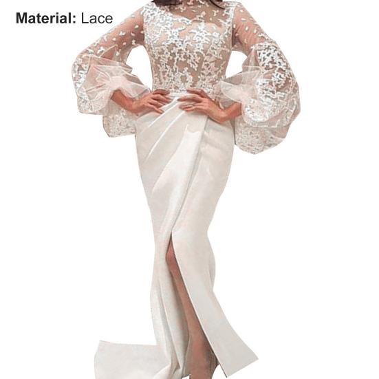 See-through Turtleneck Evening Dress High Waist High Split Hem Puff Sleeve Woman Gown Ladies Clothing