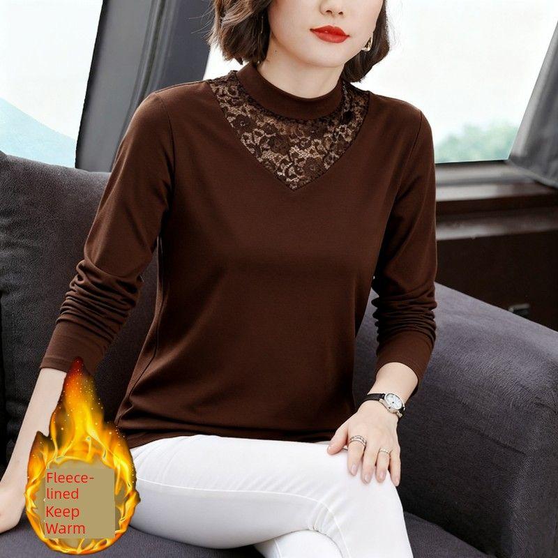 Pure Cotton Half-Turtleneck Lace Base Shirt for Women, New Spring, Autumn, and Winter Style, Fleece-Lined Long-Sleeve Slim-Fit Inner Top, Trendy