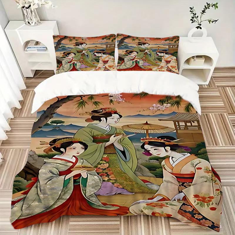 3pcs Anime Kimono Geisha Comforter Set with One Quilt Cover and Two Pillowcases (No Core) - Home Decor, Festival Gift, Polyester Fabric, Anime Cartoon