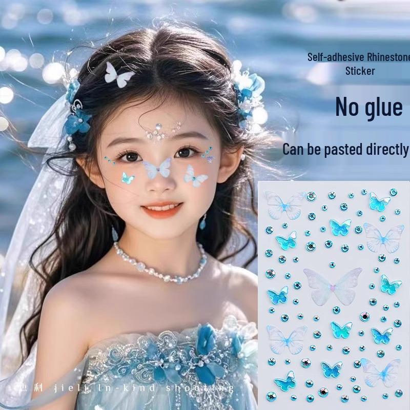 Aurora Butterfly Face Rhinestone Stickers: Shiny, Self-Adhesive Gauze Stickers for Children's Stage Makeup.