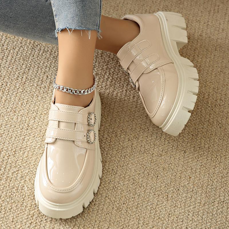 fashion Crystal Buckle Chunky Heels Pumps Women Black Patent Leather Platform Loafers Woman Thick Bottom Non-Slip Gothic Shoes Ladies