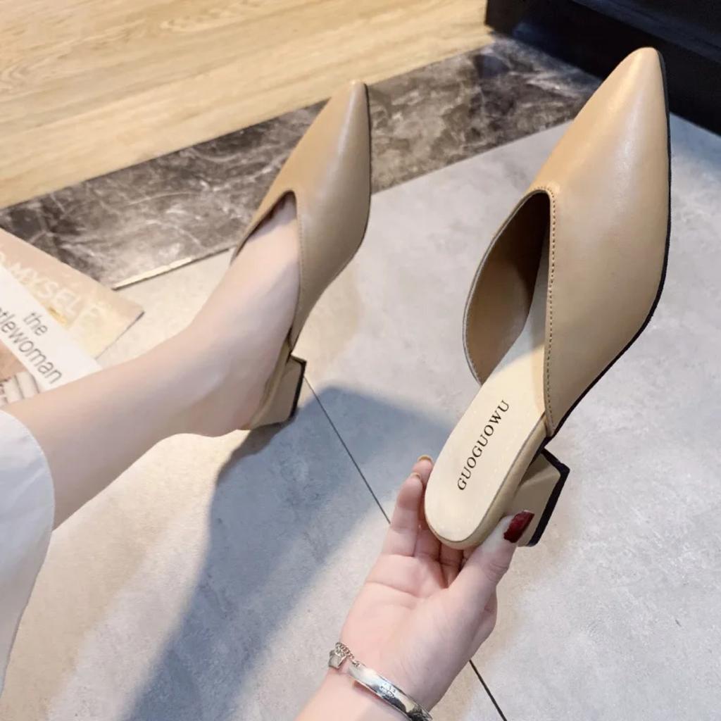 Pointed Slippers Women High Heels New Summer Shoes Fashion Luxury Square Heel Slides Slip Loafers Mules Black Female Party Shoes