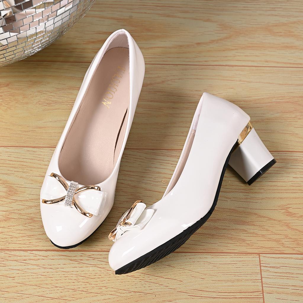 Fashion Women High Heels Low Heels Fashion Bling Bow patent leather Professional Casual Pumps Woman Wedding Party Shoes Large Size 42