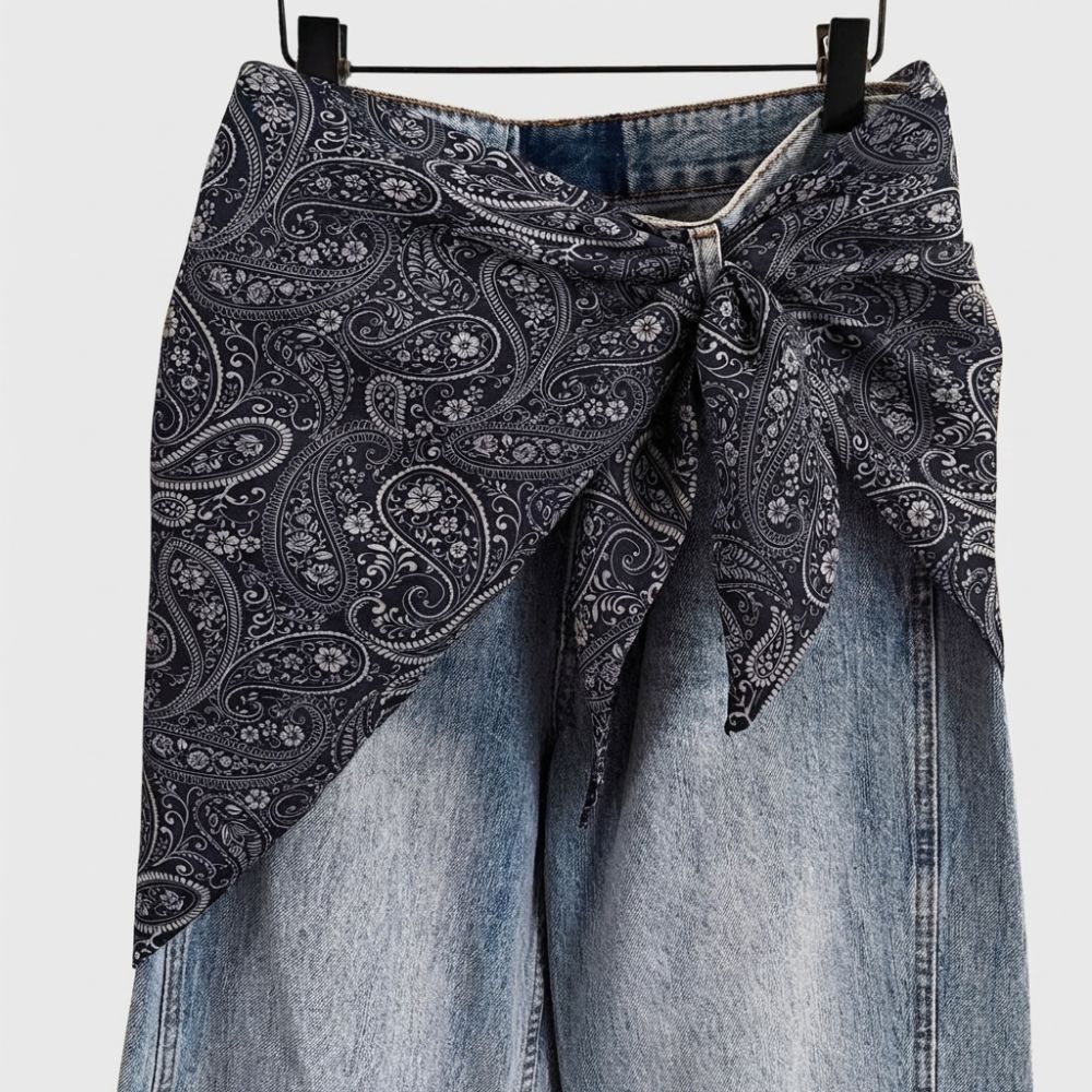 Imitation Silk Women's Silk Scarf Cashew Floral Ruched Skirts Triangle Scarf Belt  Jeans Decoration