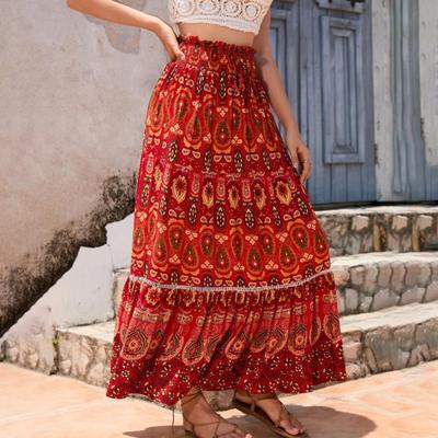 Boho Maxi sukně s květinovými potisky pro ženy Elastická sukně s vysokým pasem a velkým lemem pro dovolenou na plážové párty