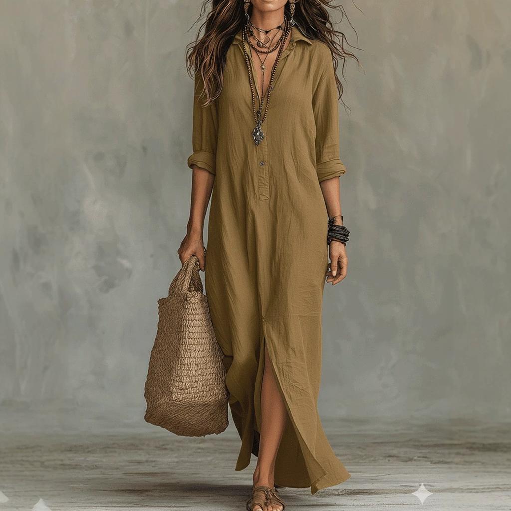 VEZFAA Vestidos casuales de cintura holgada con cuello tipo polo y manga larga con estampado de colores sólidos a la moda para mujer para primavera y otoño
