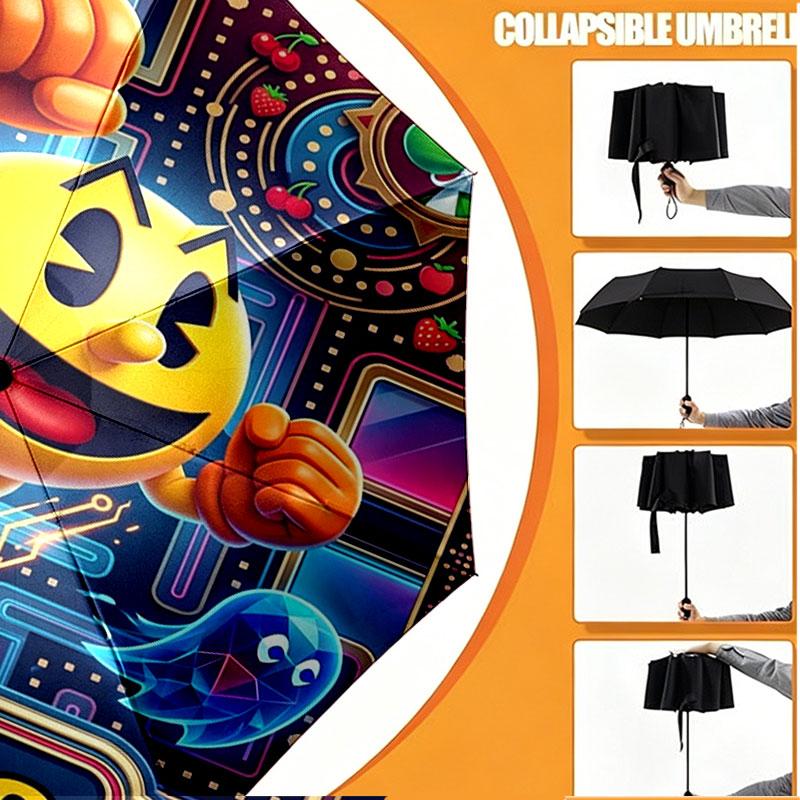 Custom Name Personalized PAC MAN Print Umbrella, Auto Open Close, 8‑Rib Sturdy Frame, Commute Camping Hiking Use, Birthday Gift