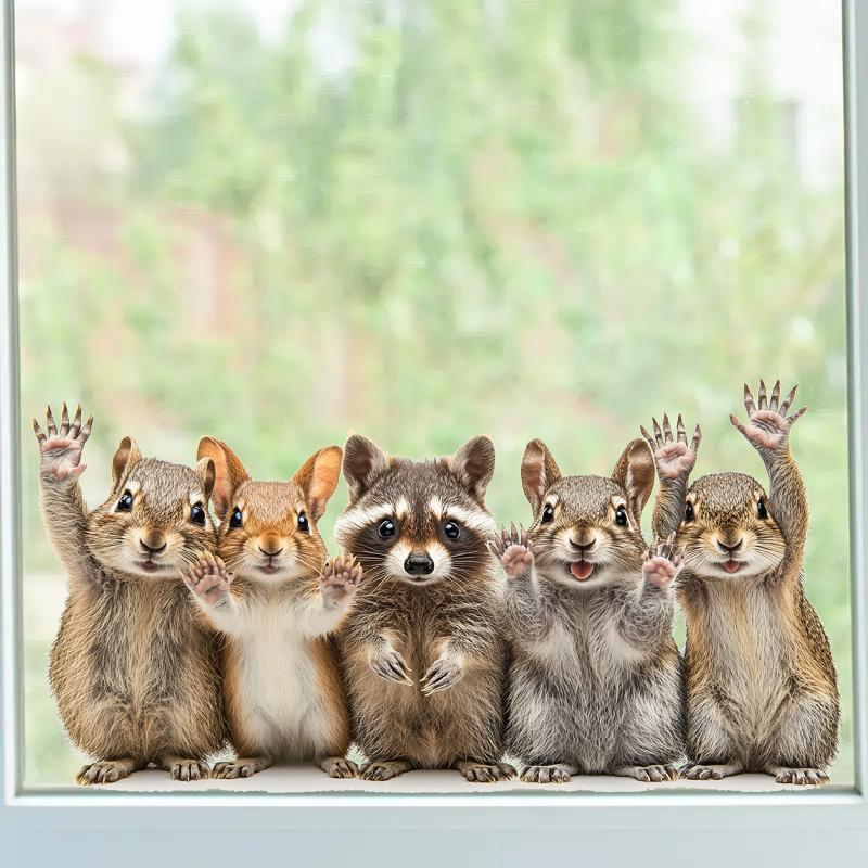 Niedliche Waldtiere Fensteraufkleber - Eichhörnchen & Waschbär Winken Glasmalerei Aufkleber für Zuhause, Wohnzimmer, Schlafzimmer - Verspielte Dekoration