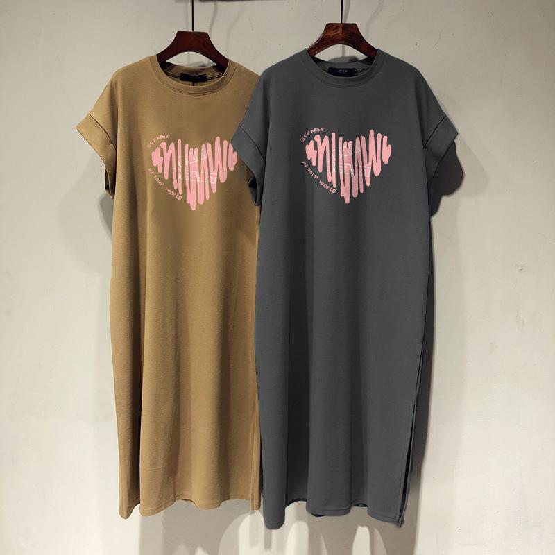 Neues Baumwoll-Kurzarm-T-Shirt Rock Damen Liebe Locker Lässig Große Größe Flatterärmel Kleid Langes Kleid