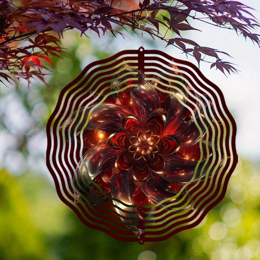 Deep Red Golden Floral Wind Spinner 10 Inch Metal Garden Decor for Outdoor All Seasons 360 Degree Hanging Hook Creative Gift