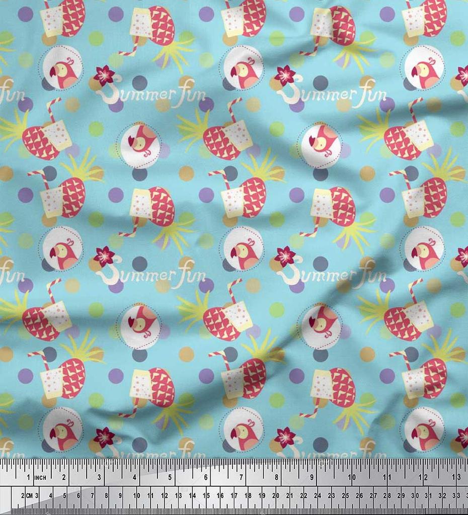 Soimoi Japan Crepe Satin Fabric Dot,Parrot & PineJuice Summer Designs Fabric Prints By Metre 42 Inch