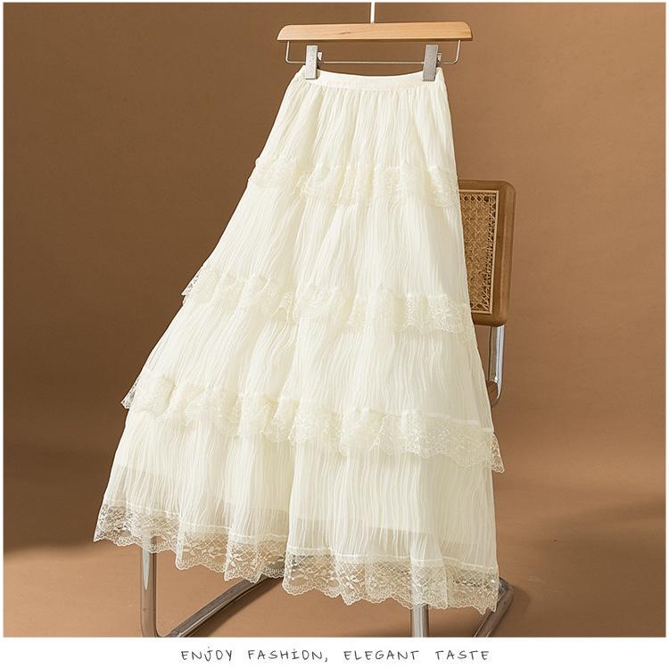 2025 Summer Women's Gentle Style Lace Trim Elastic Waist A-Line Midi Skirt