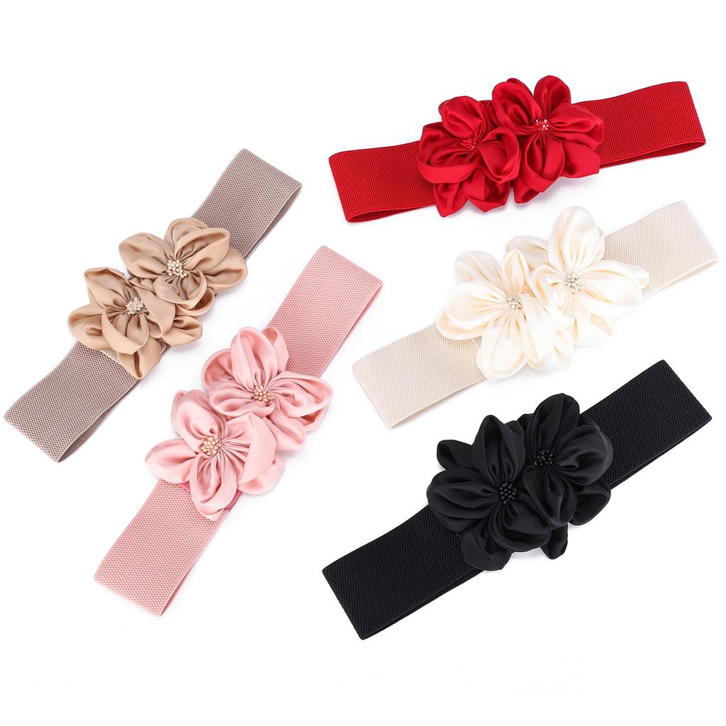Ladies Flower Decorative Dress Waist Tie Skirt Belt Black Bow Elastic Waist Seal