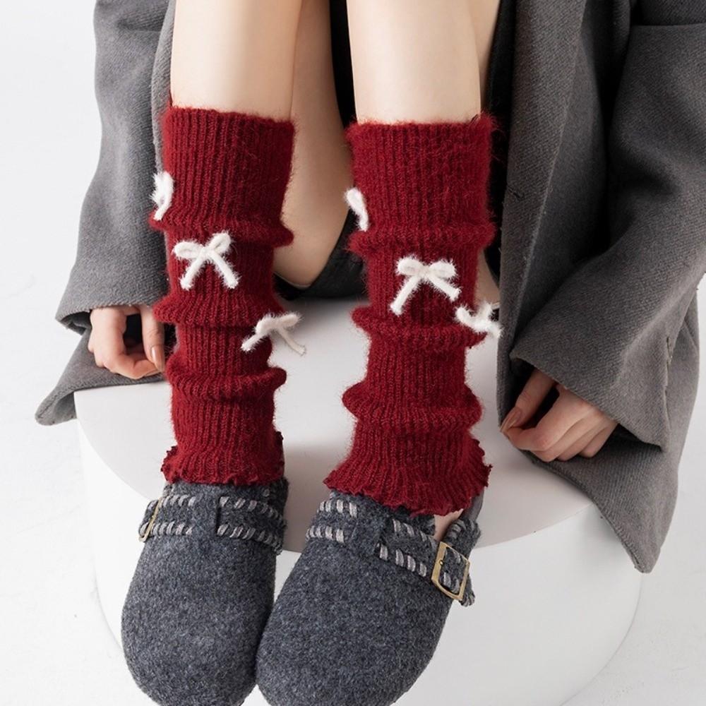 New Red Color Leg Warmers Thickened Bow Middle Tube Socks Harajuku Knitted Hosiery Autumn and Winter