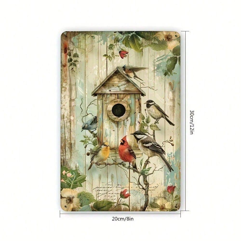 Vintage Metal Birdhouse Wall Art, Rustic Iron Garden Decor with Colorful Birds and Flowers
