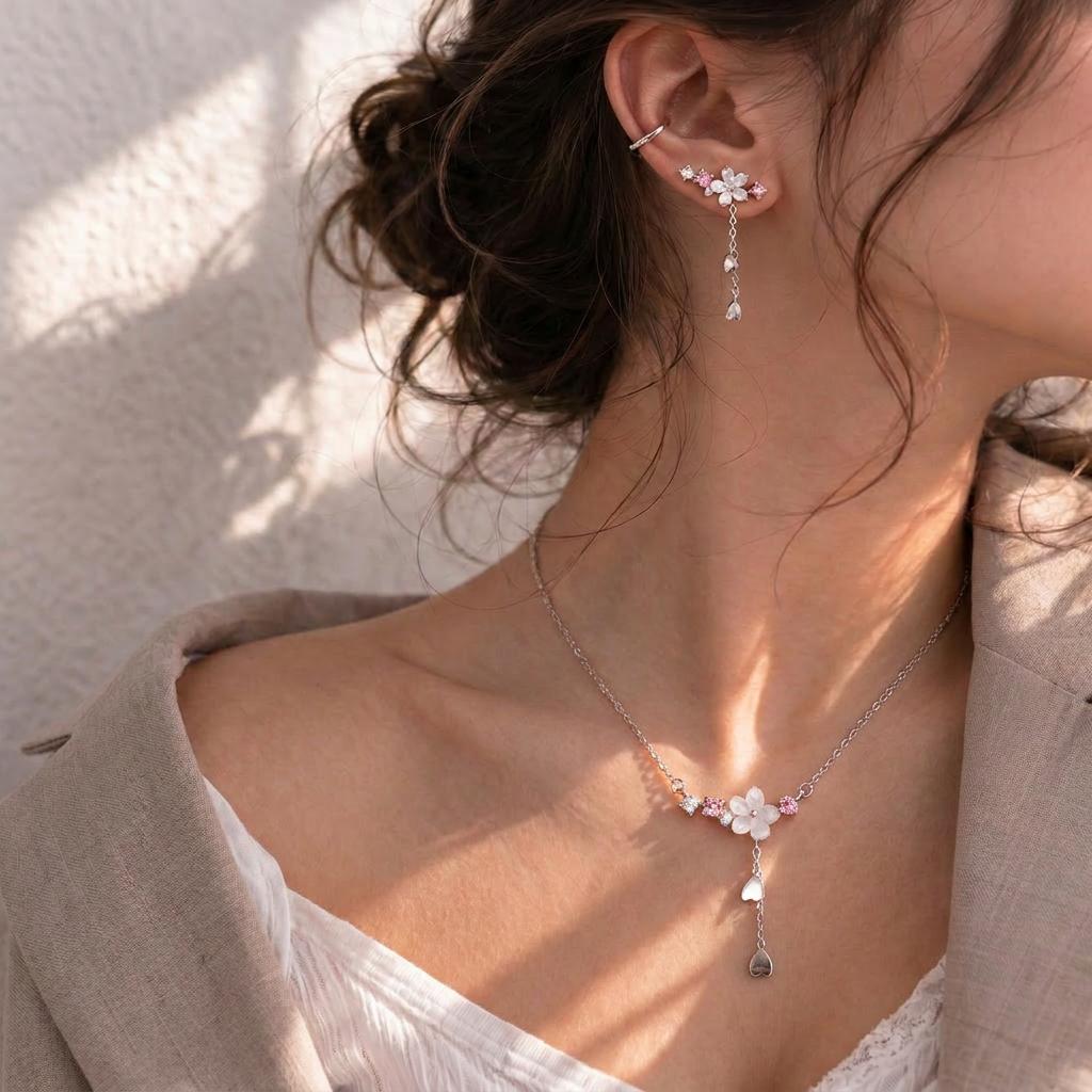 Design Sense Sweet Cherry Blossoms Flower Tassel Earrings for Women Trendy Shiny Pink Zircon Earrings Banquet Wedding Jewelry