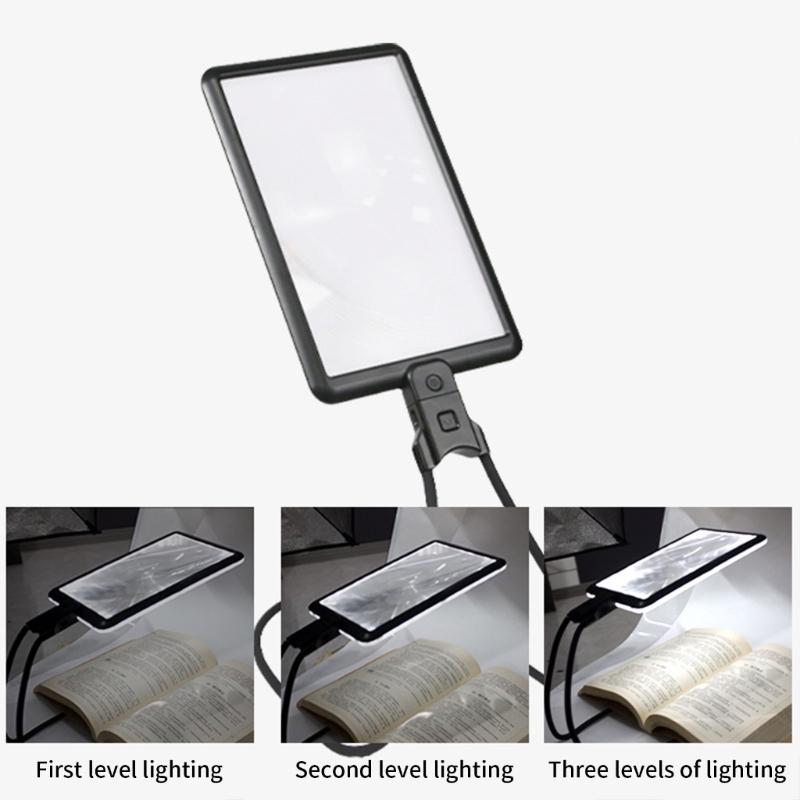 4X Large Magnifier with 3 Brightness 43 LED Light Rechargeable for Reading Books or Crafting, Neckwear and Desktop Mode