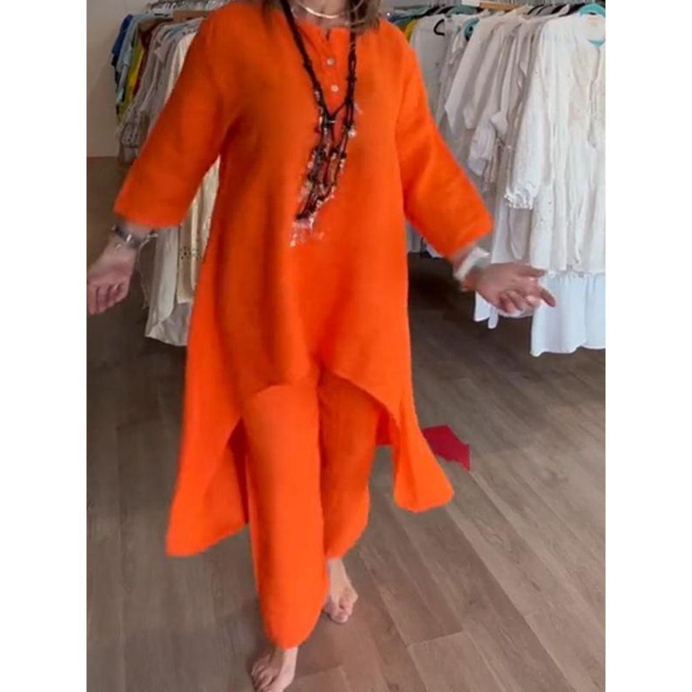 

Лето 2024, новый продукт, однотонный свободный повседневный халат в этническом стиле с длинными рукавами, костюм из хлопка и льна, женский большой размер с длинным рукавом 5XL оранжевый