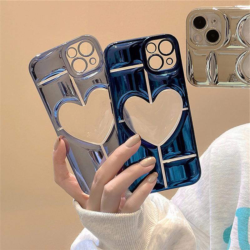 Luxury Love Heart Plating Phone Case For iPhone 14 Plus 15 12 11 13 Pro Max Clear Hollow Display Hole Shockproof Soft Back Cover