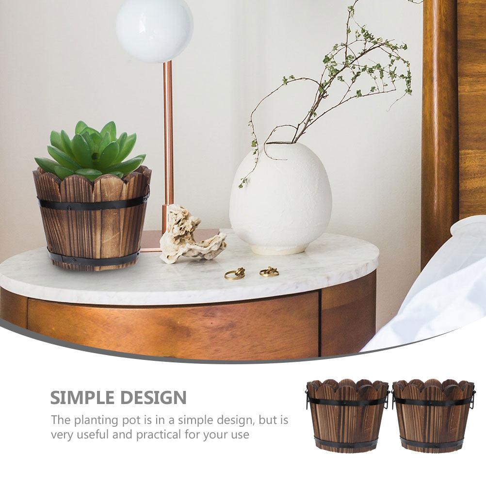 2Pcs Small Wooden Barrel Planter Pot for Succulents Cacti Vegetables Flowers Indoor Outdoor Garden Balcony Nursery Home Decor