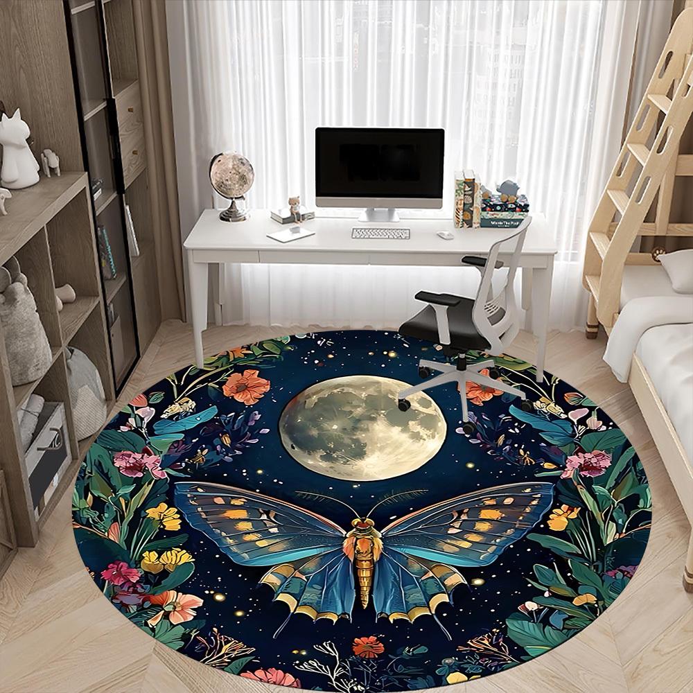 1pc Butterfly Moon Office Round Area Rug, Under Office Chairs Bedroom Living Room Home Decor, Room Deco
