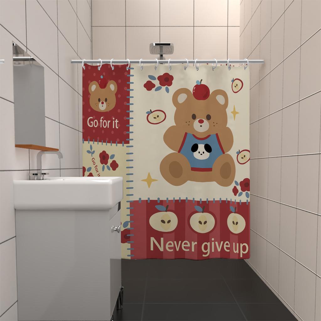 1Pc Cute Bear Printed Waterproof Shower Bathe Partition Privacy Hanging Curtain With 12 Hooks Multiple Size  Machine Washable