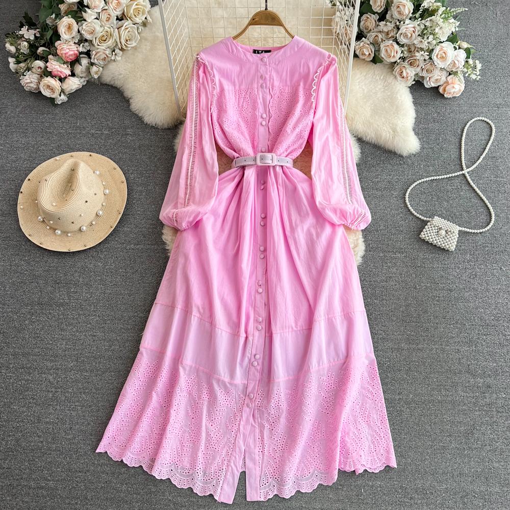 

Однотонное женское шикарное женское платье с пышными рукавами, модное элегантное повседневное вечерние платье с круглым вырезом, офисное женское платье с поясом, темпераментное платье One Size розовый