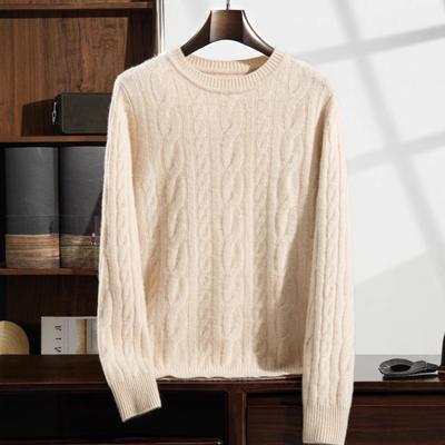 Men's Vintage Cable Knit 100% Pure Cashmere Sweater - Heavyweight, Crew Neck, Light Luxury Texture