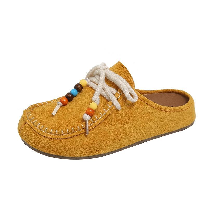 Design sense niche soft leather women wear beaded bag head half slippers thick-soled retro shoes women