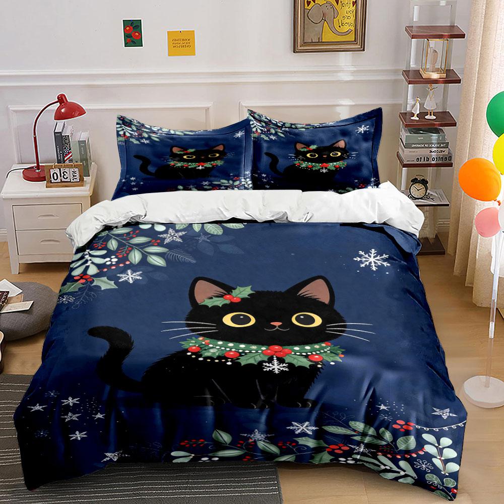Black cat, holly wreath. Bedding sets Duvet cover sets Duvet covers Pillowcases(1* Duvet Cover 2* Pillowcases without duvet insert)
